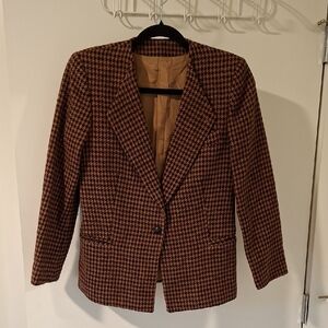 Women's Vintage Wool Brown & Black Houndstooth Collarless Blazer (Size S)
